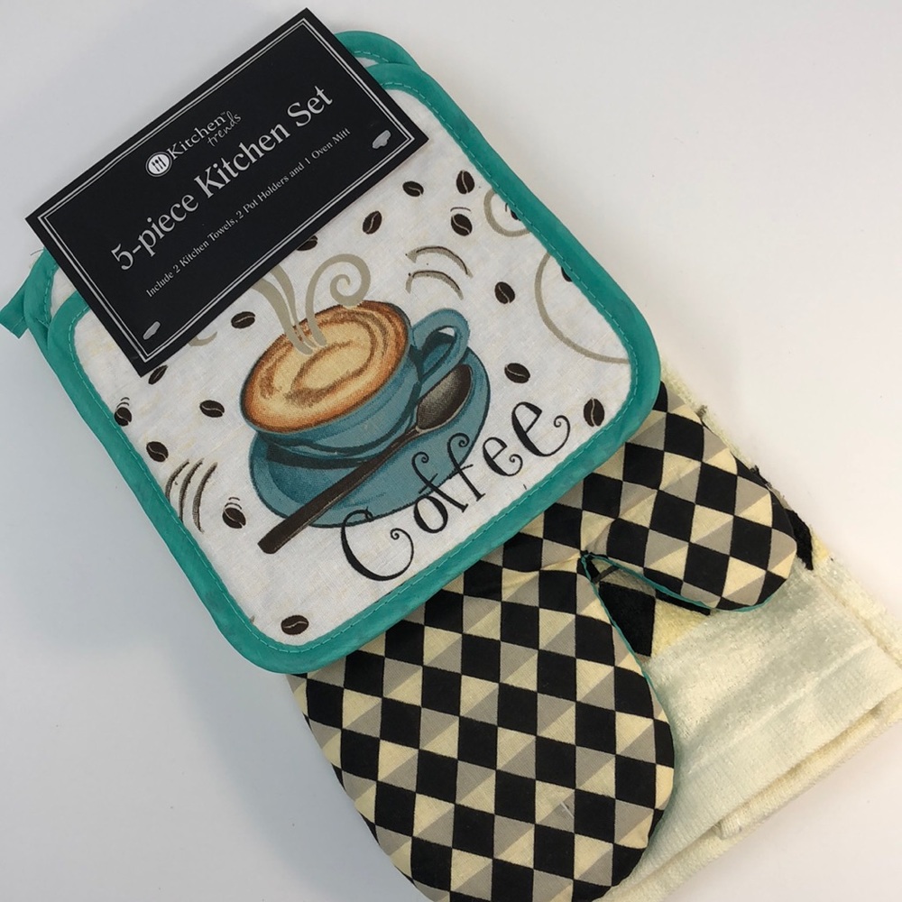 Coffee design 5 piece towels potholders & mitt set